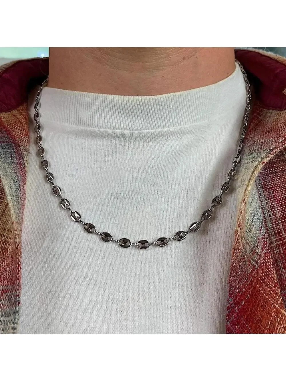 Y2k Cyber Vintage 2000s style Coffee Bean Stainless Steel Silver Necklace. High